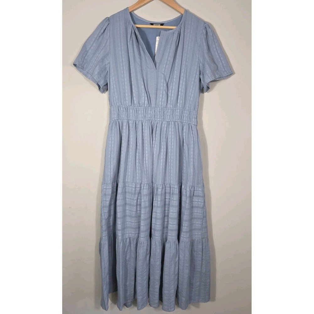 BTFBM Women's Light Blue Cotton Tiered Midi Dress Puff Sleeve Lined Size L NWT - Picture 2 of 15
